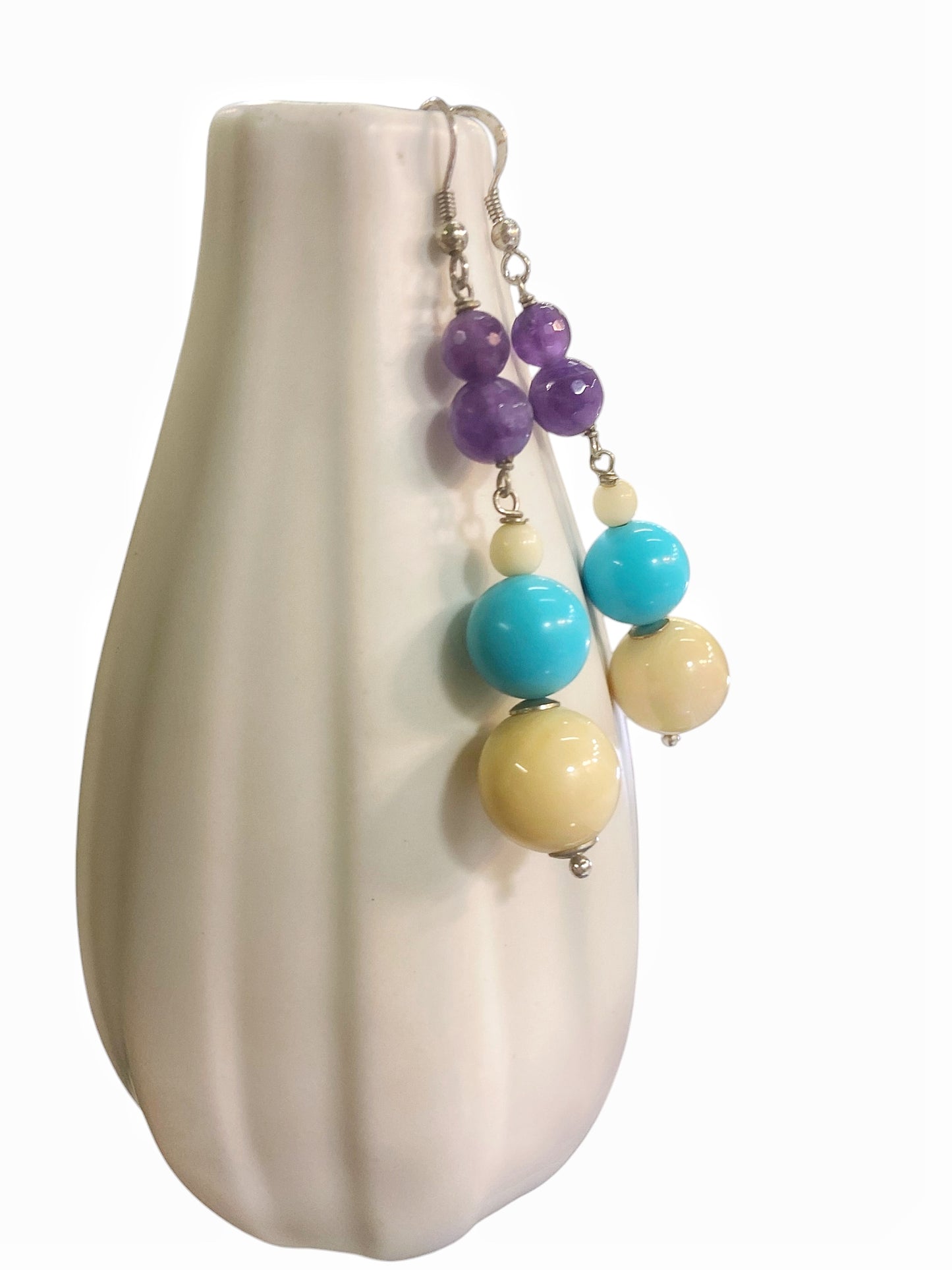 925 Silver Earrings, Turquoise Paste, Amethyst and Bone Paste