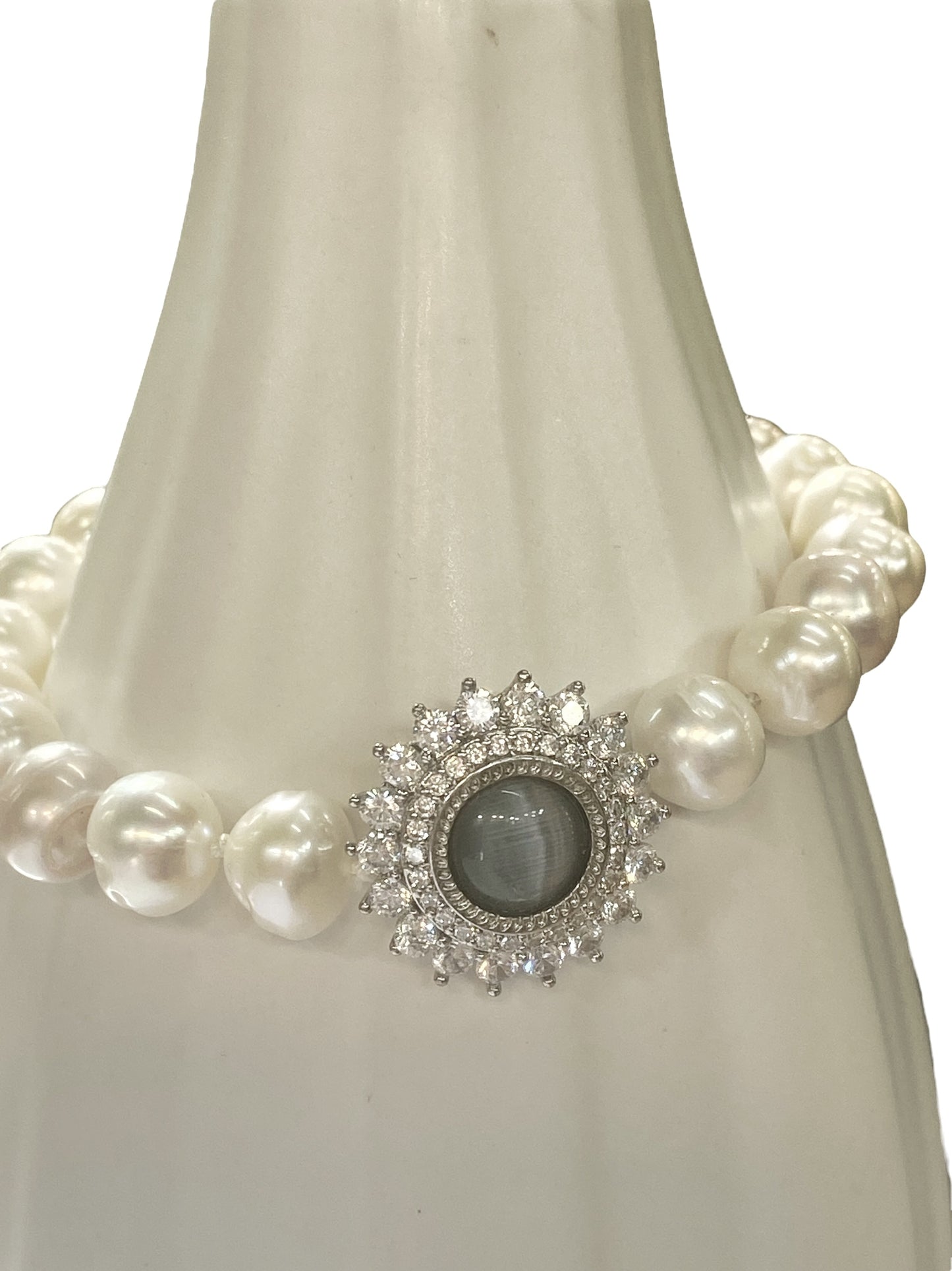 Bracciale con perle di fiume argento e acciaio