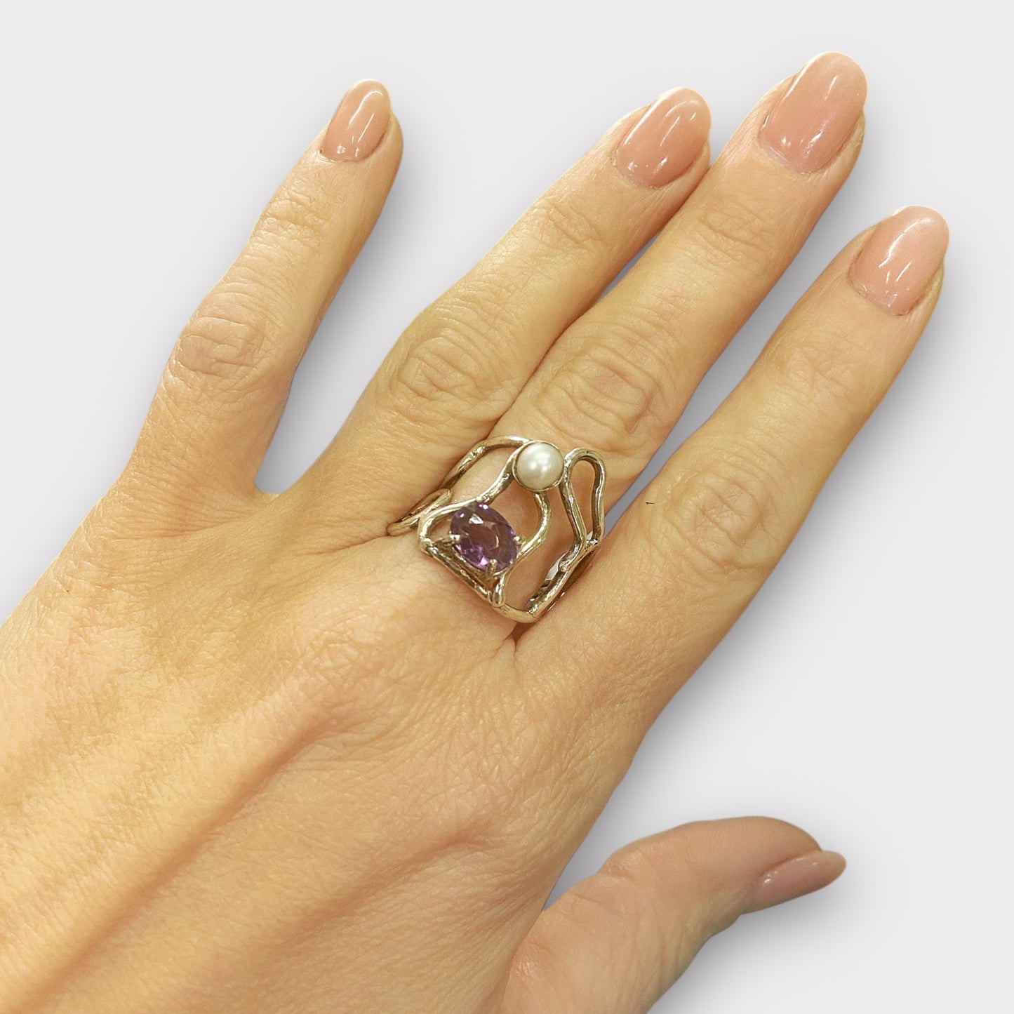 925 silver ring, amethyst and freshwater pearl