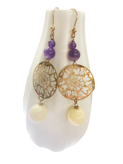 Rose silver, amethyst and bone paste earrings