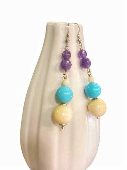 925 Silver Earrings, Turquoise Paste, Amethyst and Bone Paste