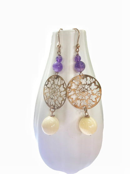 Rose silver, amethyst and bone paste earrings