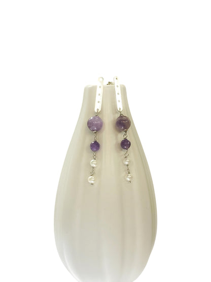 Silver, amethyst and river pearl earrings