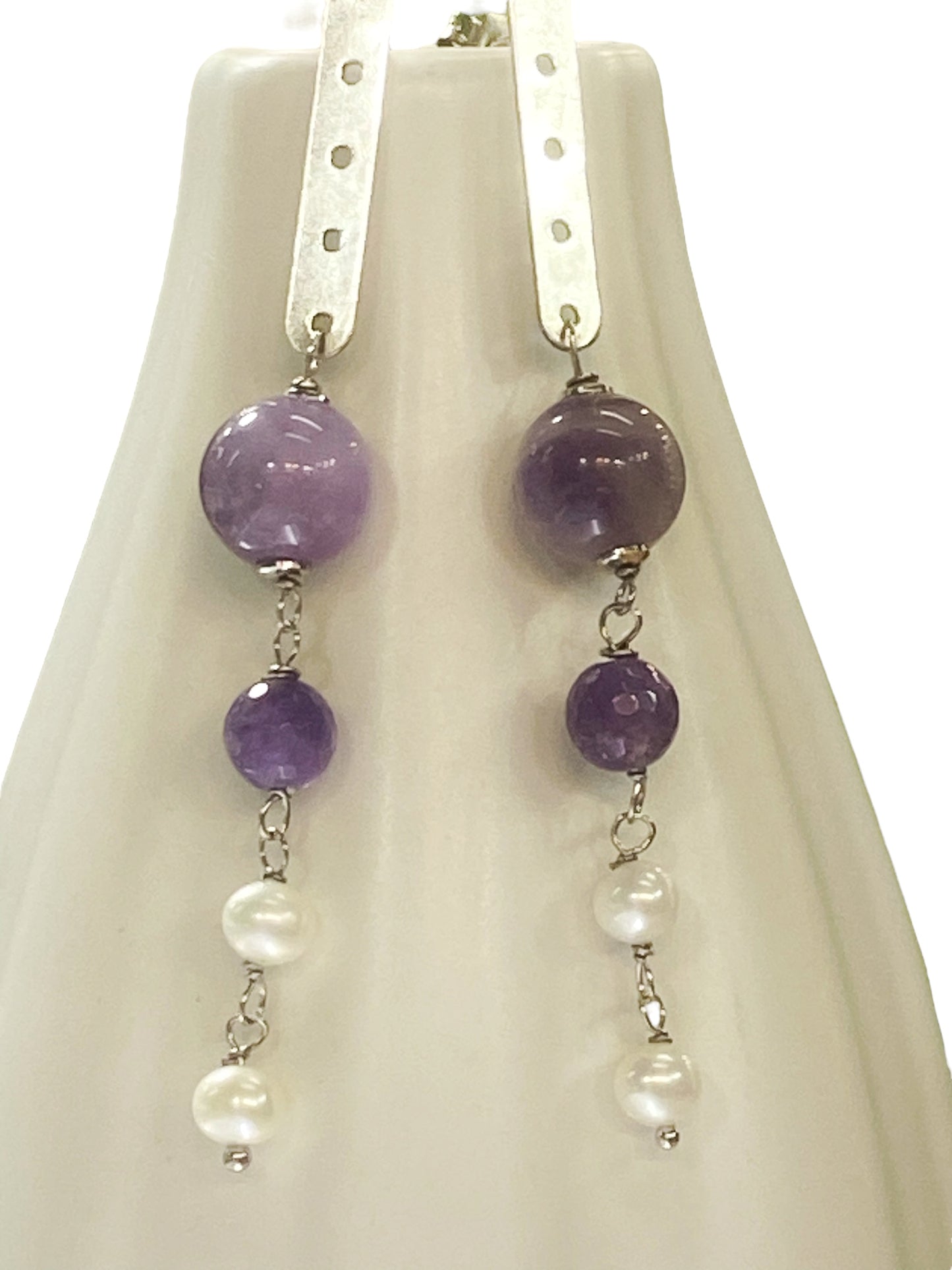 Silver, amethyst and river pearl earrings