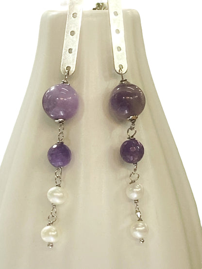 Silver, amethyst and river pearl earrings