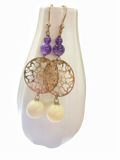 Rose silver, amethyst and bone paste earrings