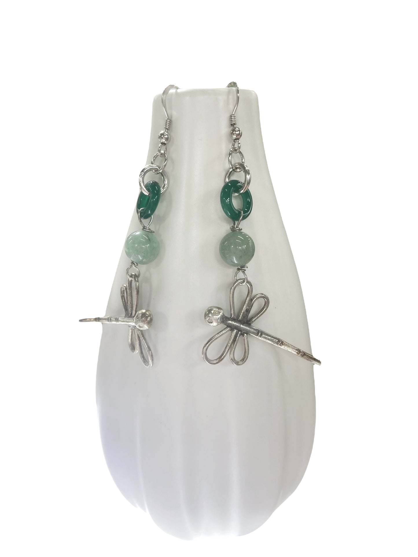 Silver and green agate earrings