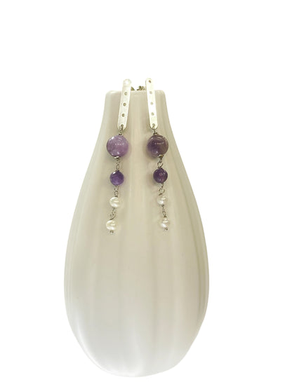 Silver, amethyst and river pearl earrings