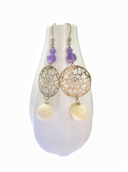 Rose silver, amethyst and bone paste earrings