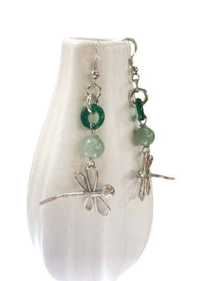 Silver and green agate earrings