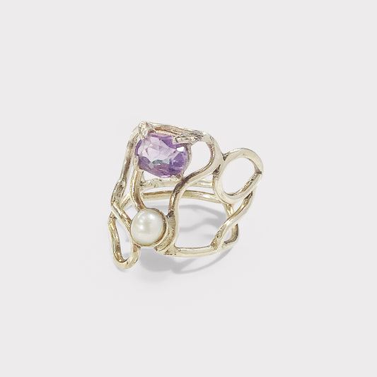 925 silver ring, amethyst and freshwater pearl