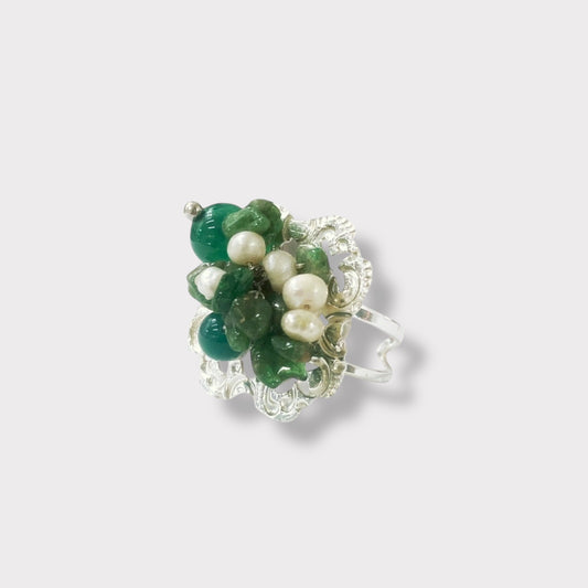 925 silver ring, green agate and freshwater pearls