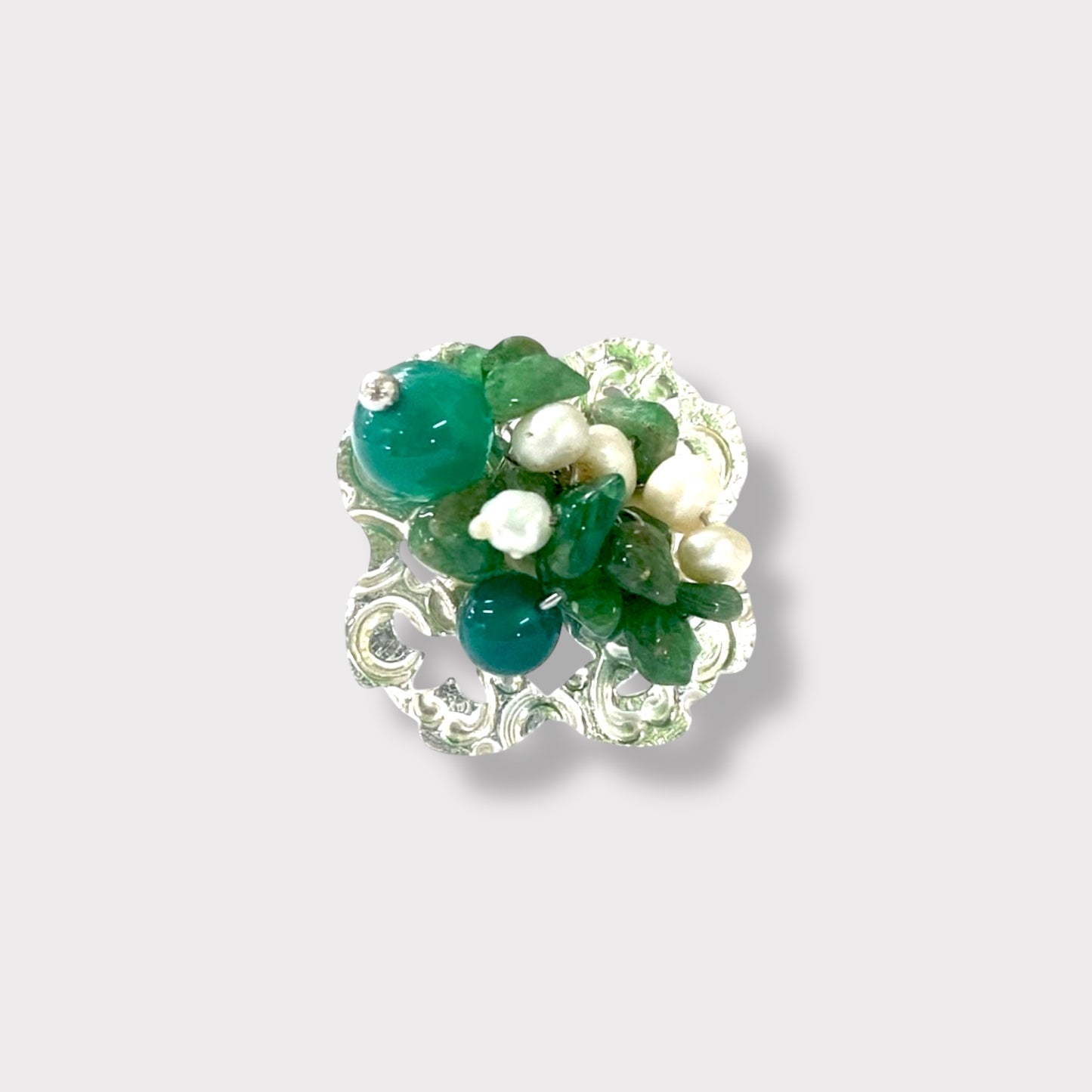 Anillo de plata 925, ágata verde y perlas de agua dulce