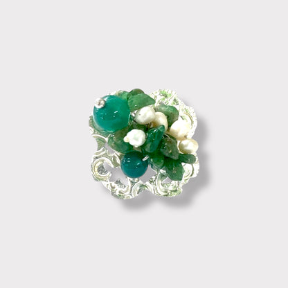 Anillo de plata 925, ágata verde y perlas de agua dulce