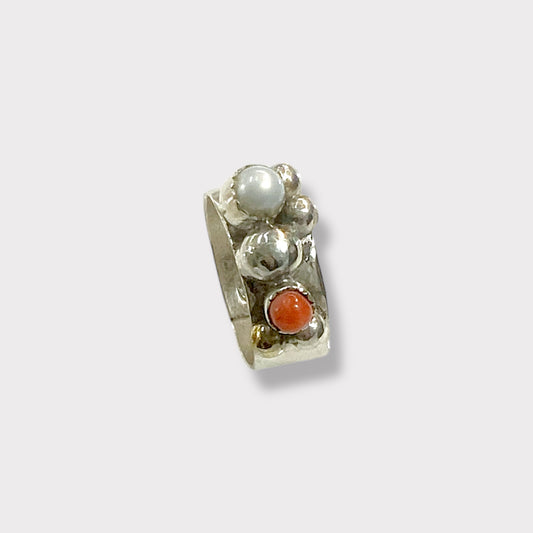 925 silver ring with coral and freshwater pearl