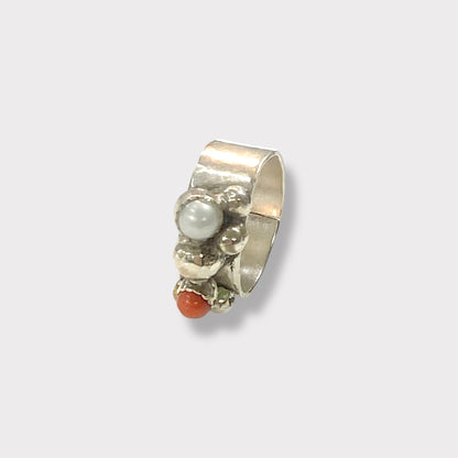 925 silver ring with coral and freshwater pearl