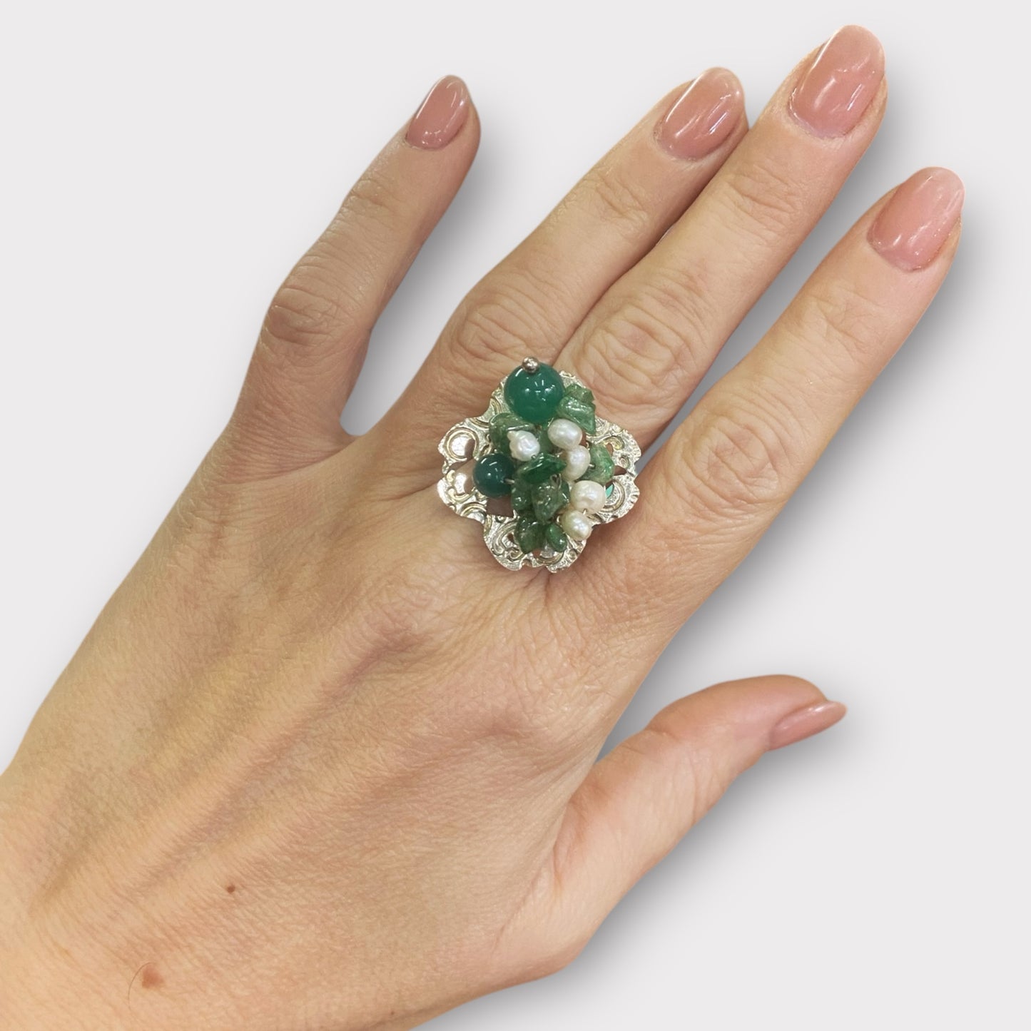 Anillo de plata 925, ágata verde y perlas de agua dulce