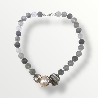 Collana girocollo quarzo grigio e centrale in argento 925