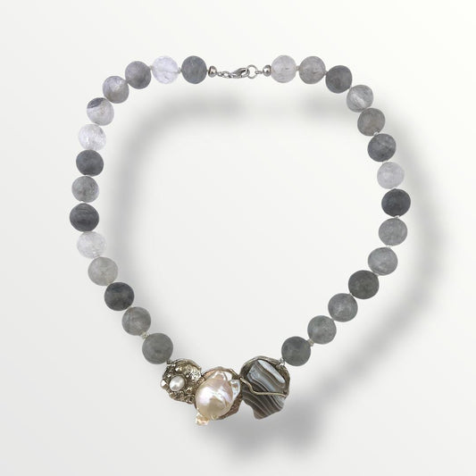 Collana girocollo quarzo grigio e centrale in argento 925