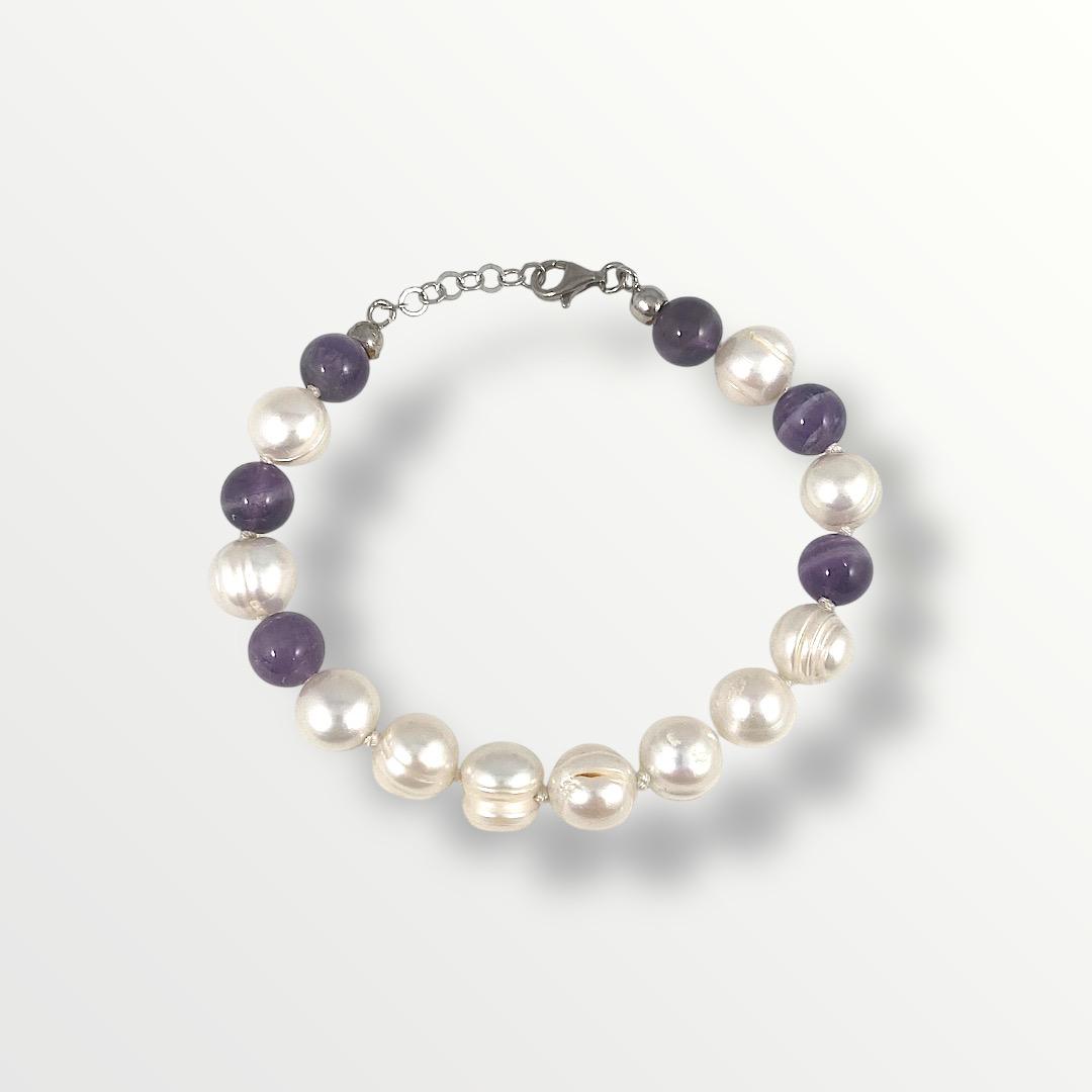 Bracciale con perle di acqua dolce , argento 925 e ametista