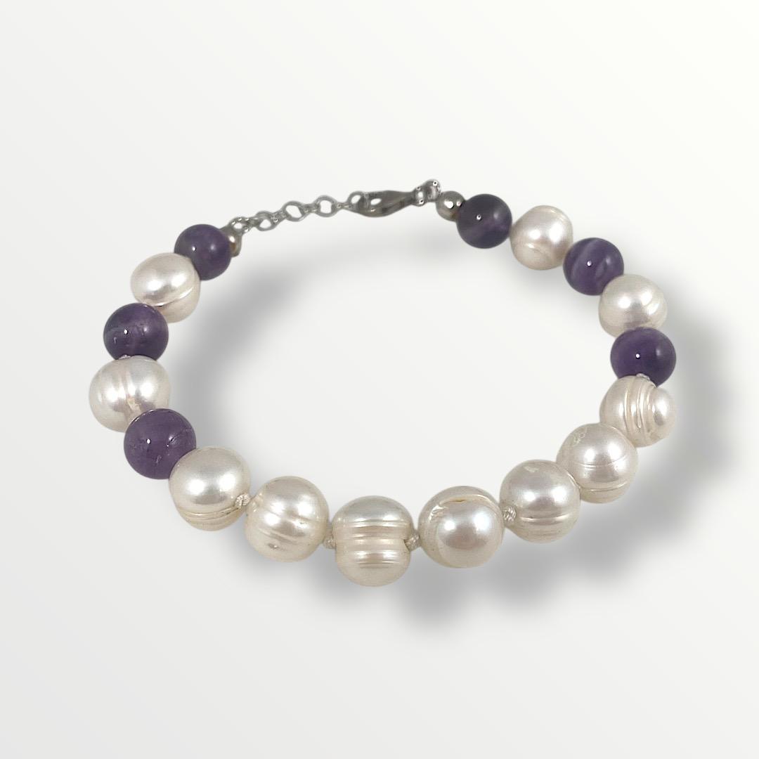 Bracciale con perle di acqua dolce , argento 925 e ametista
