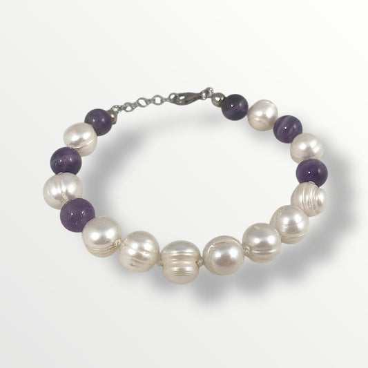 Bracciale con perle di acqua dolce , argento 925 e ametista