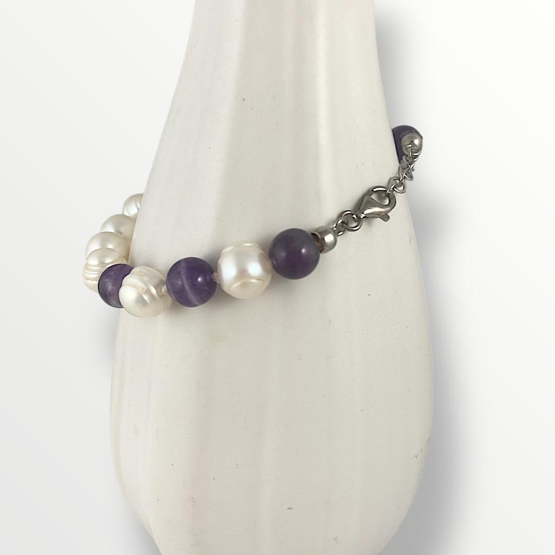 Bracciale con perle di acqua dolce , argento 925 e ametista