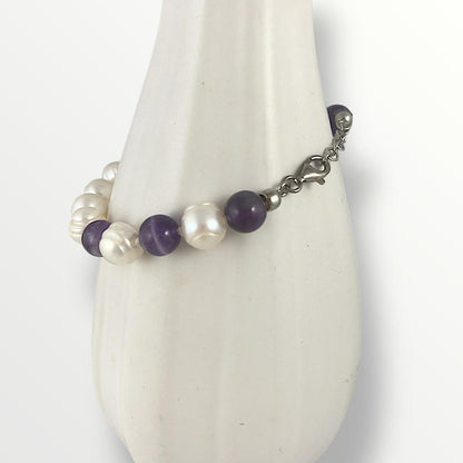 Bracciale con perle di acqua dolce , argento 925 e ametista