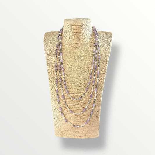 Collana lunga con ametista lavanda e perle di acqua dolce